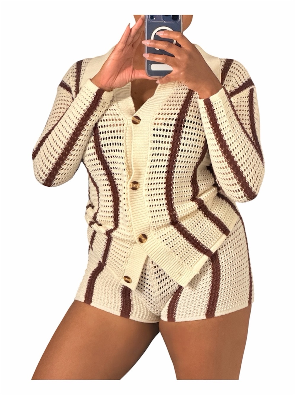 Knit Cardigan Brown Two Piece Short Vacation Set